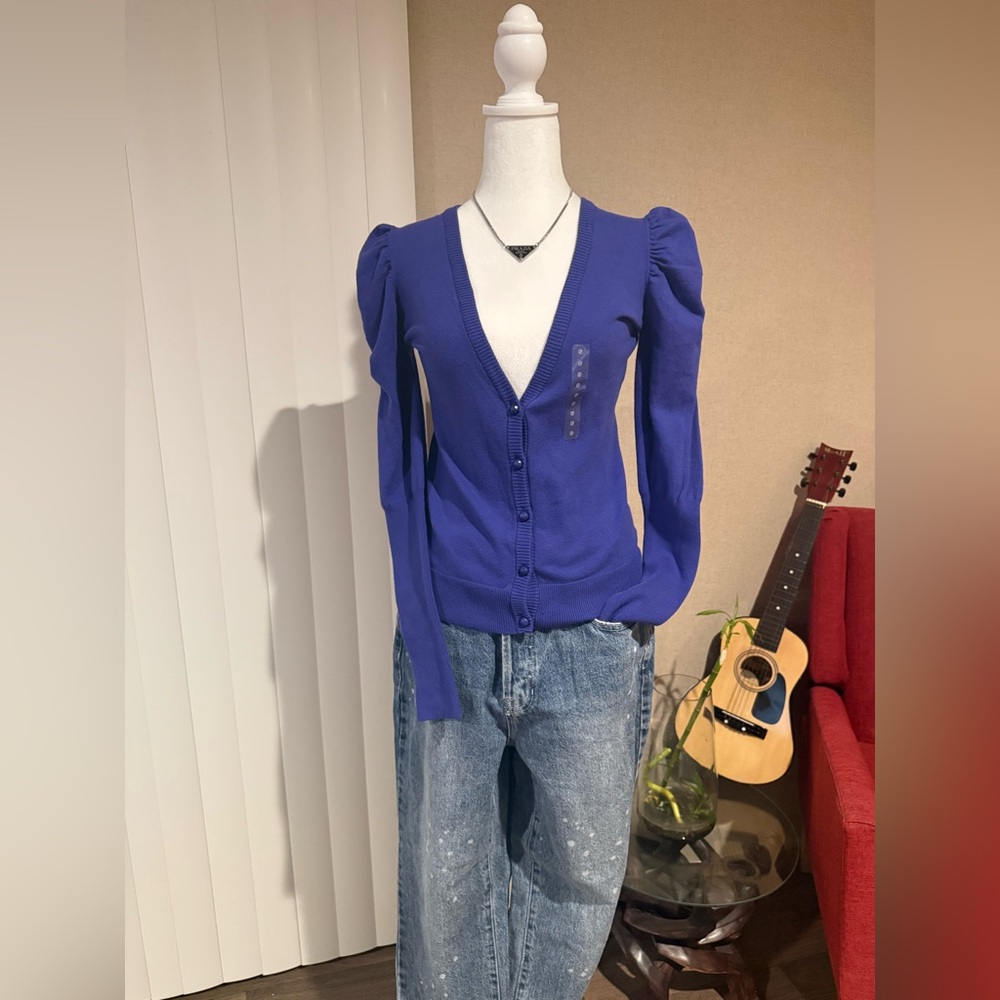 Bisou Bisou Royal Blue Cardigan with Puff Sleeves